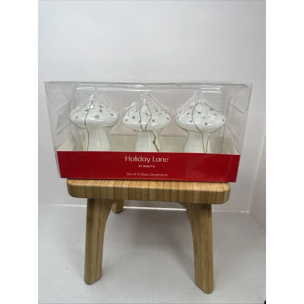 Holiday Lane Macy's Mushroom White Glass‎ Christmas Ornaments Set Of 3 NIB